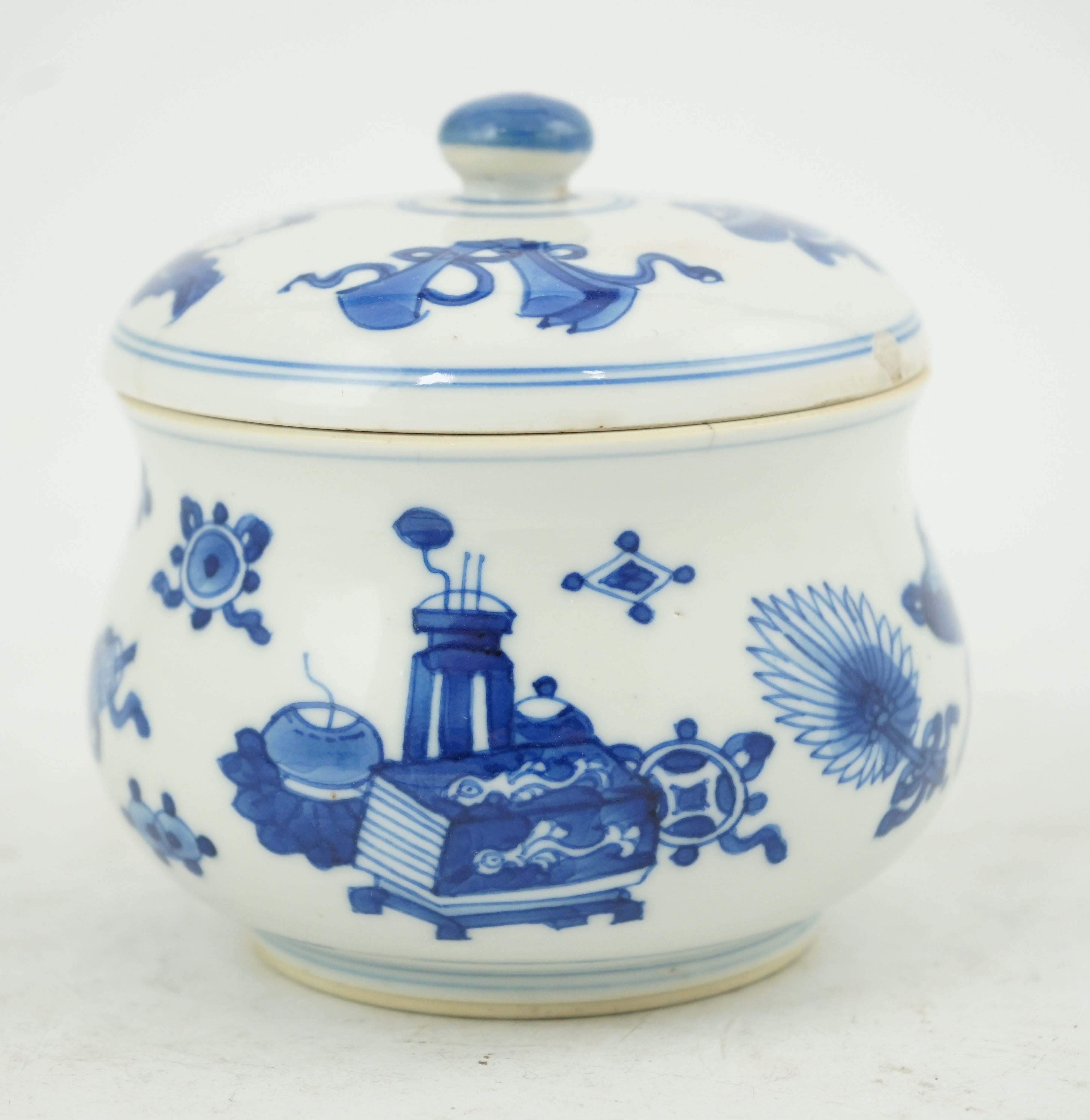 A Chinese blue and white ‘precious objects’ censer and cover, Kangxi period (1662-1722)